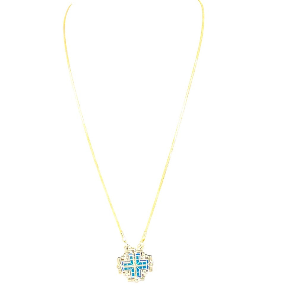 Jerusalem Cross Necklace Blue Enamel Silver Tone Gold Chain Religious Pendant